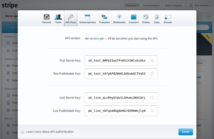 API keys for Stripe